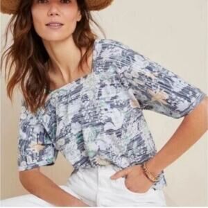 ANTHROPOLOGIE Deedee Dolman Sleeved Top Blue Floral Square Neck Tee Women’s Sz L